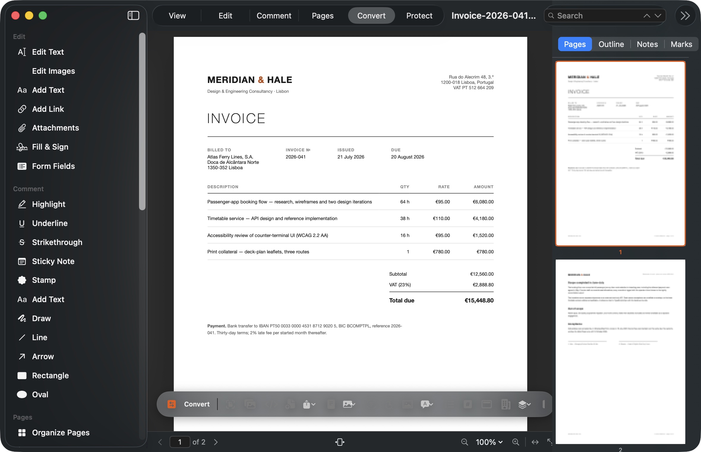 PDFPivot for Mac in Convert mode with an invoice open and the conversion toolbar showing Office export, compression and repair tools