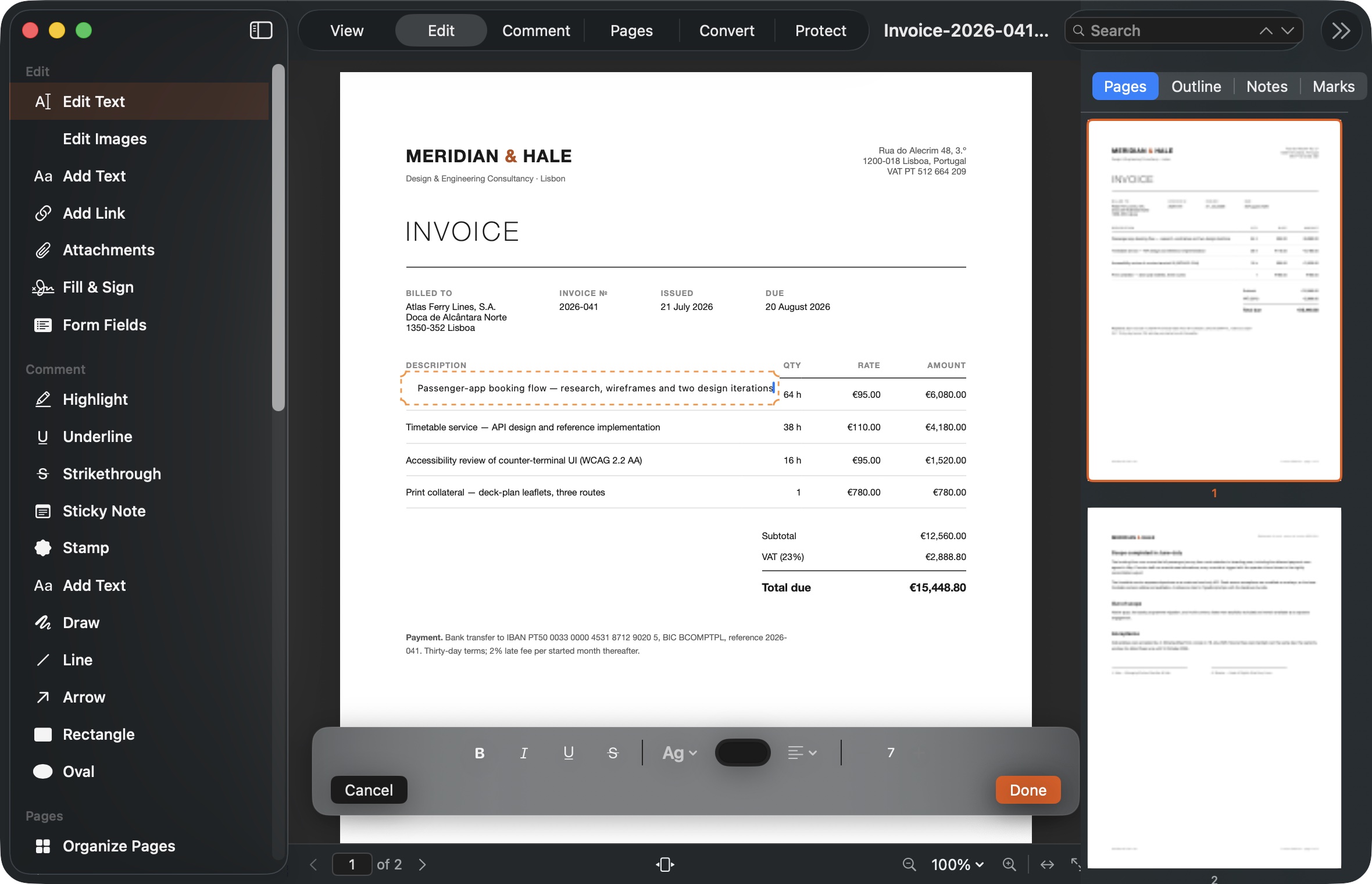 PDFPivot for Mac editing an invoice