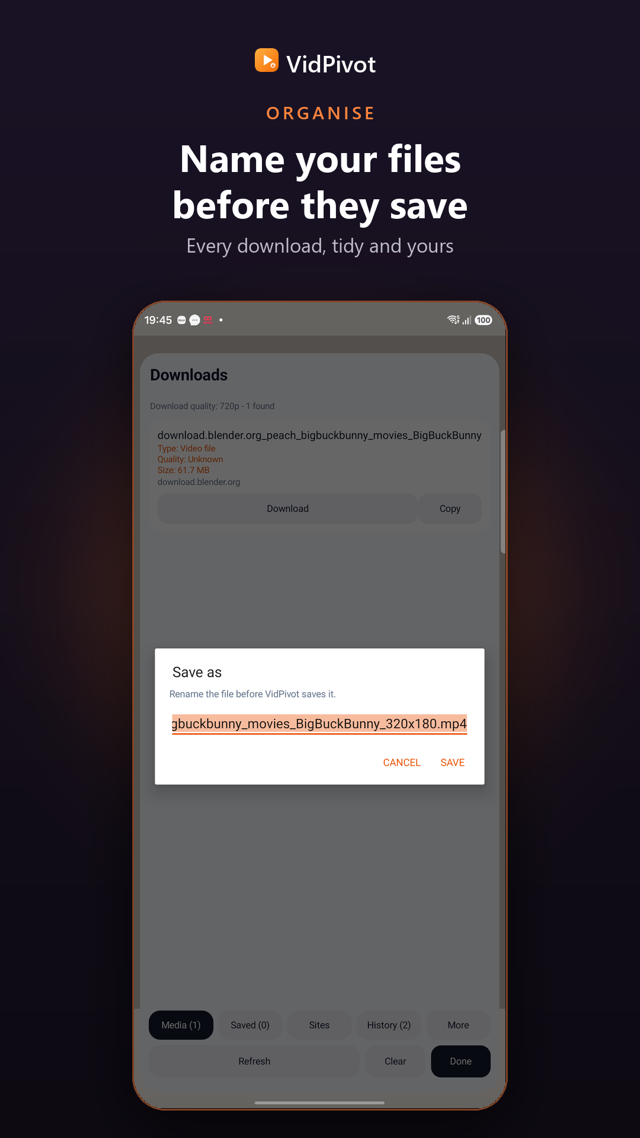 VidPivot saved files organised in one place