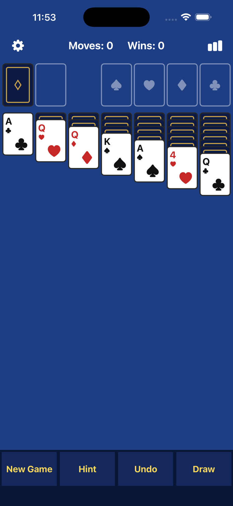 Solitaire Odyssey board on iPhone, showing extra-large playing cards